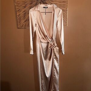 Boohoo Satin Wrap Dress in Champagne